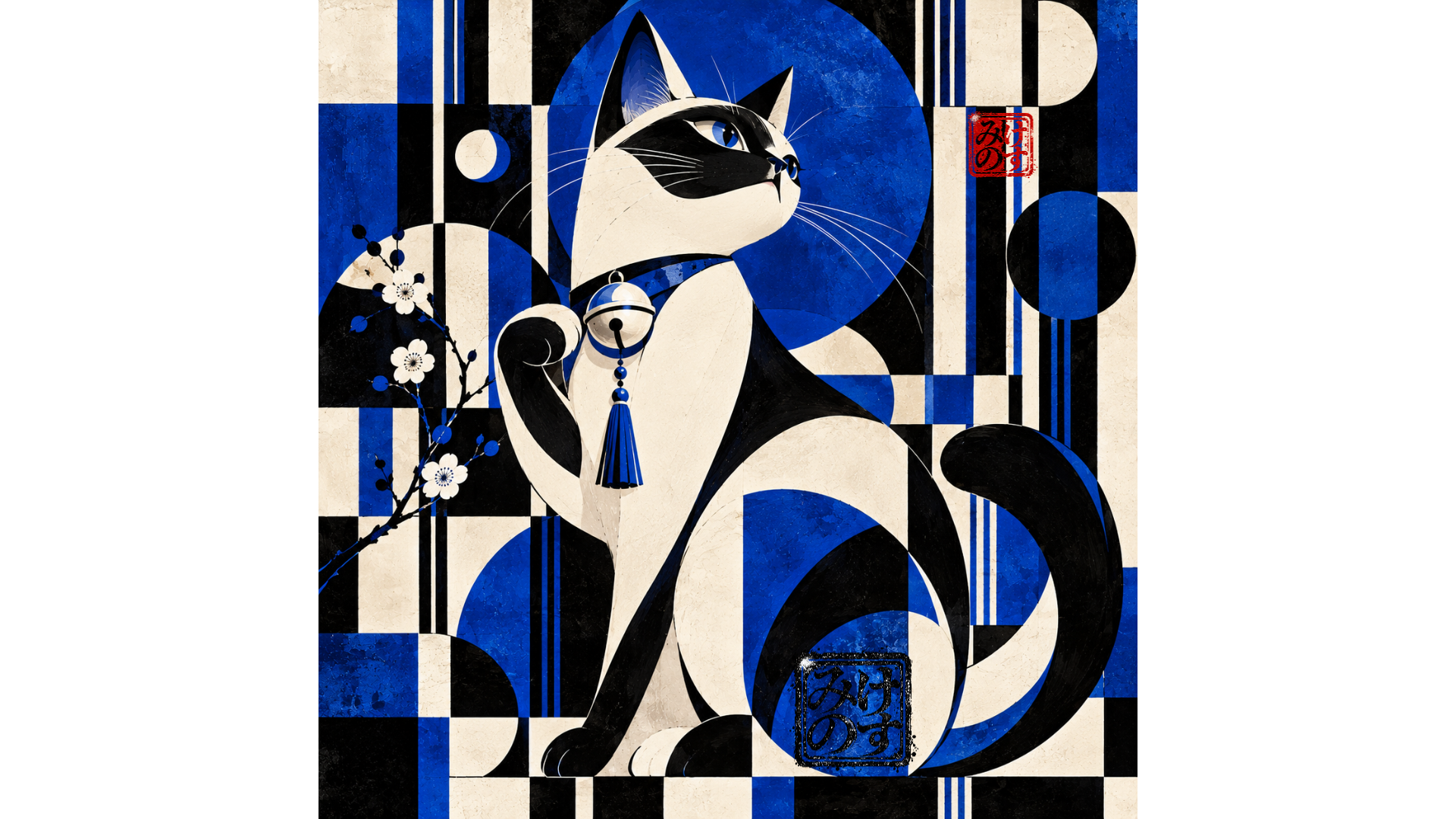 青・黒・生成りの幾何学模様と招き猫を描いた、招福 — BLUE