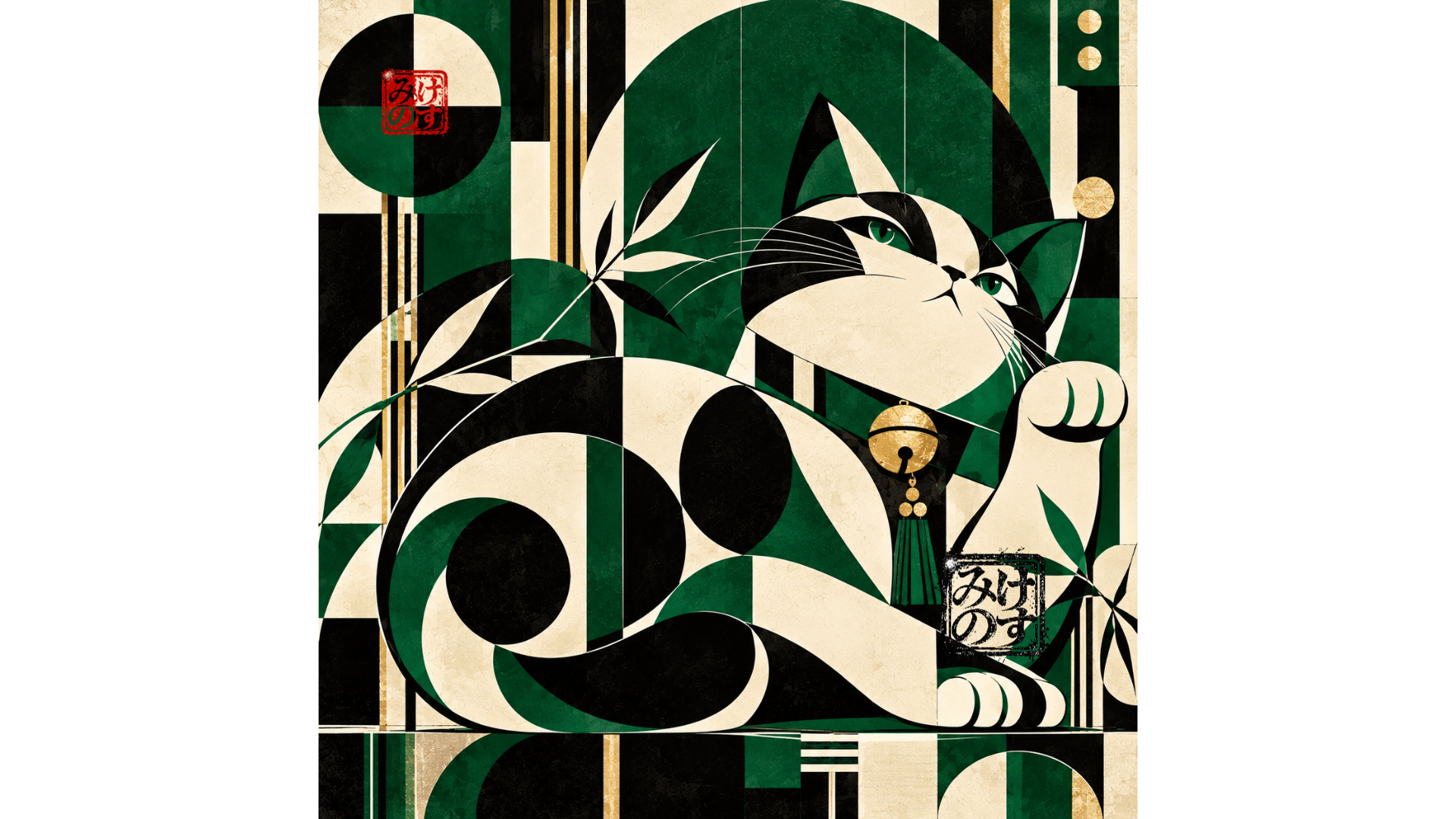 緑・黒・生成りの幾何学模様と招き猫を描いた、招福 — GREEN