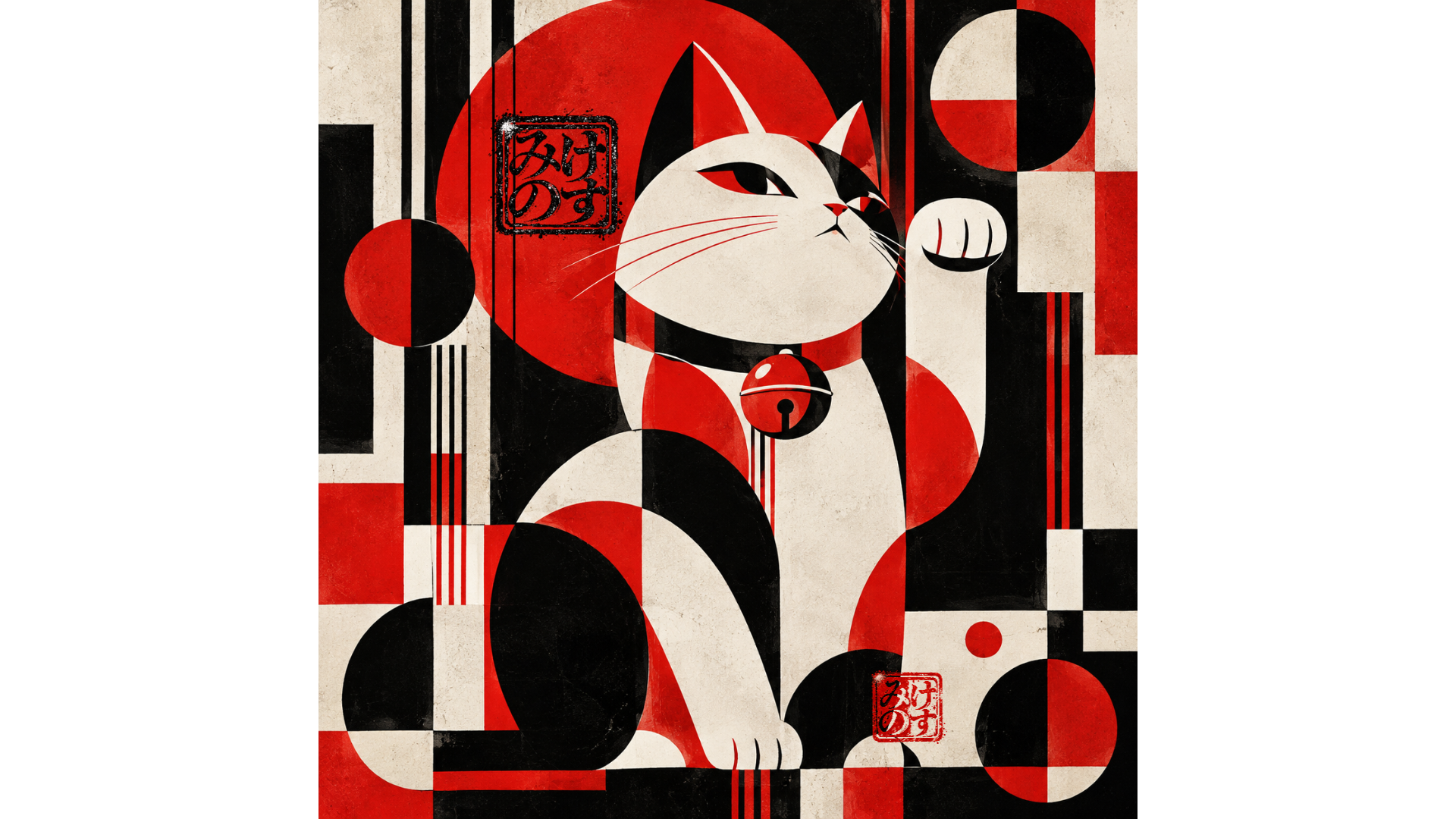 赤・黒・生成りの幾何学模様と招き猫を描いた、招福 — RED
